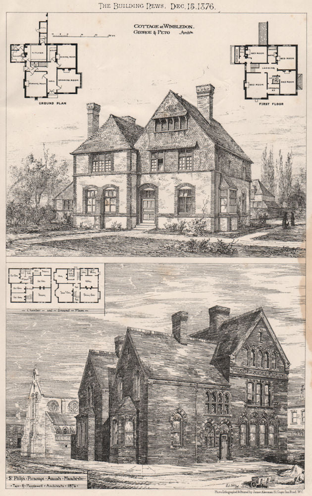 Wimbledon cottages; St. Phillips parsonage, Ancoats, Manchester 1876 old print